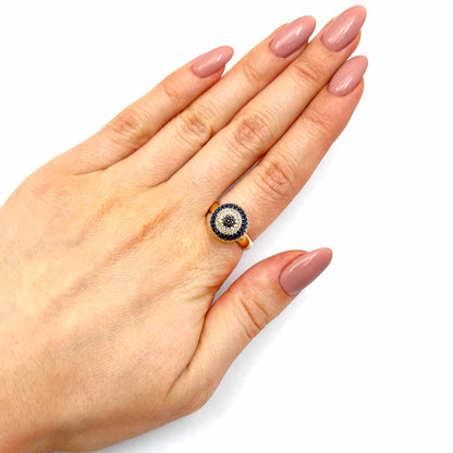 14K Gold Yellow CZ With Sapphire Evil Eye Cocktail Ring