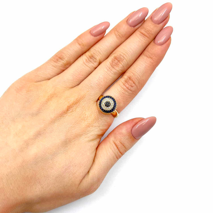 14K Yellow Gold CZ With Sapphire Evil Eye Cocktail Ring - WJD Exclusives