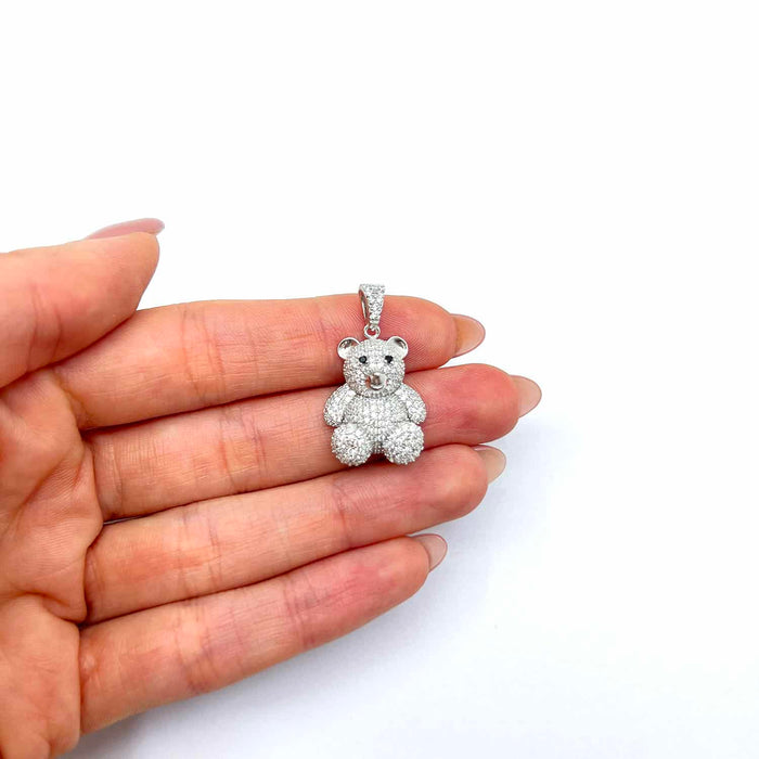 Gold Over Sterling Silver CZ Pave Puffed Teddy Bear Pendant 1.1" - WJD Exclusives