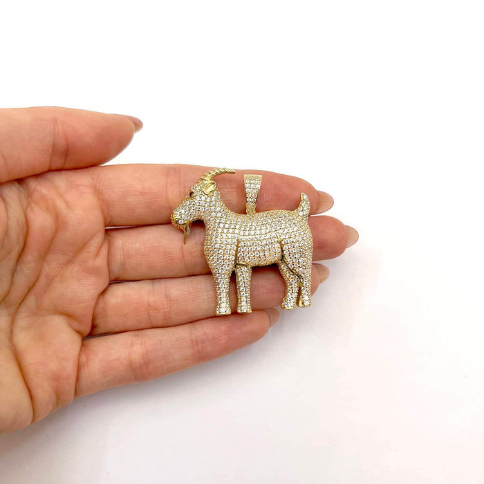 14K Yellow Gold CZ Pave Greatest of All Time Goat Pendant 1.6" - WJD Exclusives