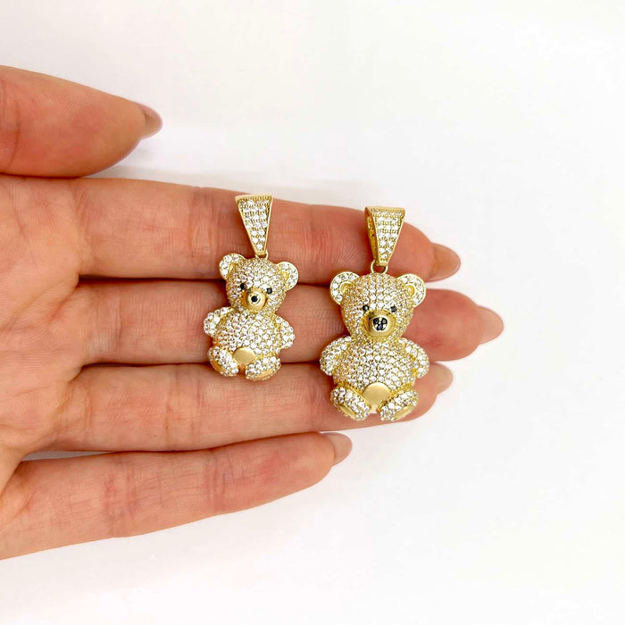 14K Yellow Gold CZ Pave Puffed Teddy Bear Pendant 1.3" - 1.5" - WJD Exclusives