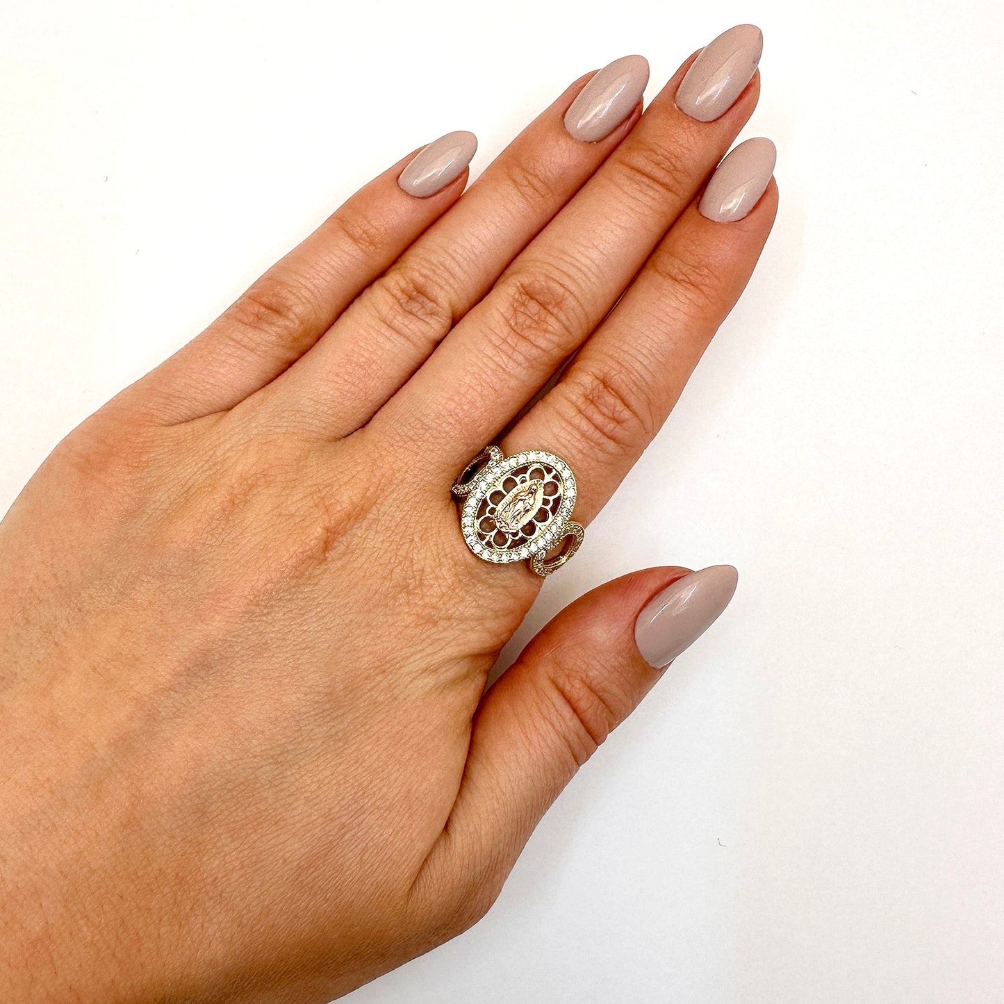 10K Gold Two-Tone CZ Our Virgin Lady of Guadalupe Oval Heart Ring