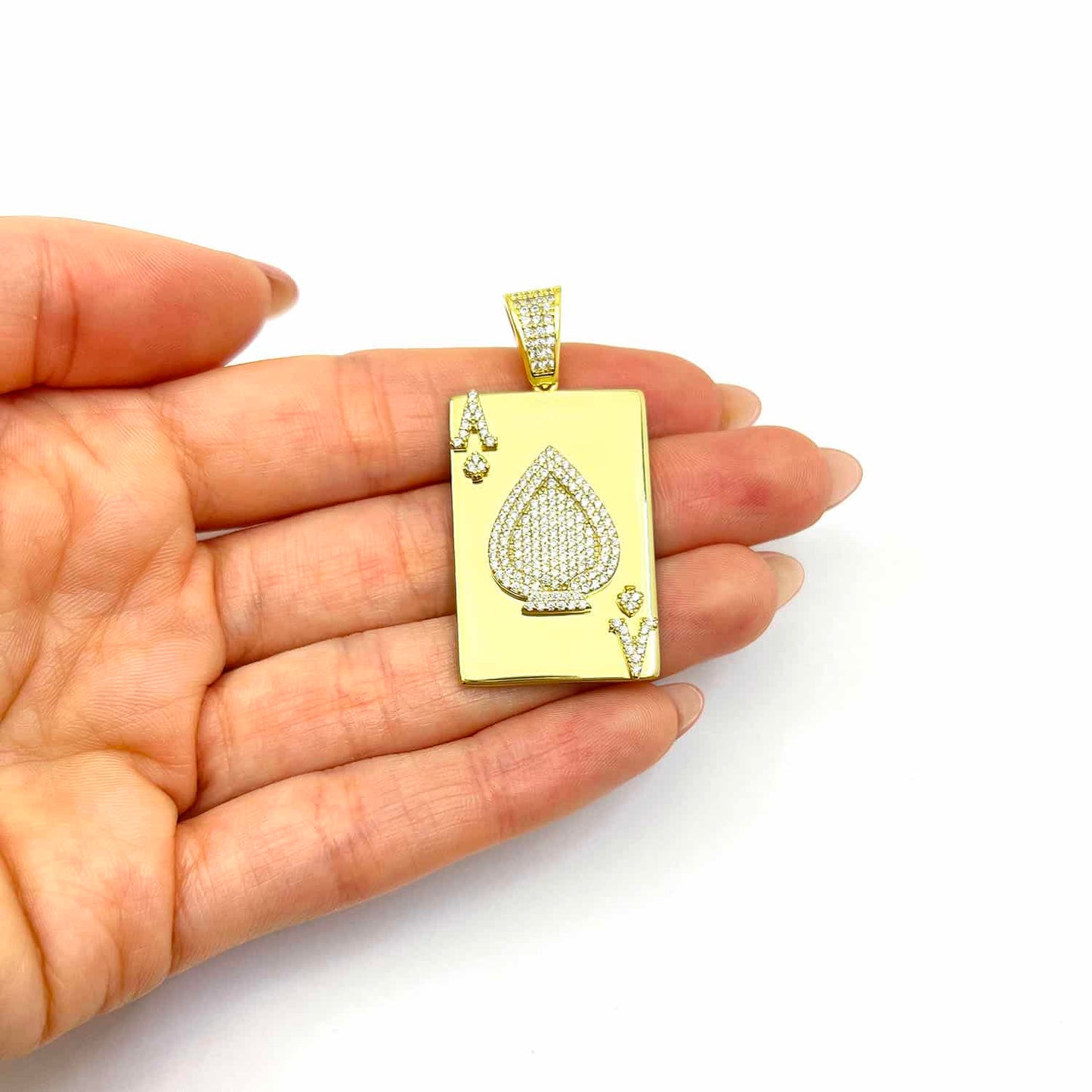 Gold Over Sterling Silver CZ Ace Of Spade Poker Card Pendant 1.7"