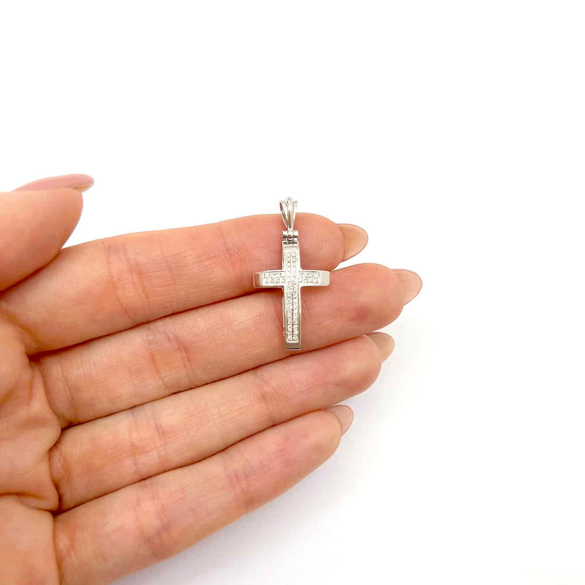 0.13CTW Natural Diamond 14K White Gold Cross Pendant 1.1" - WJD Exclusives