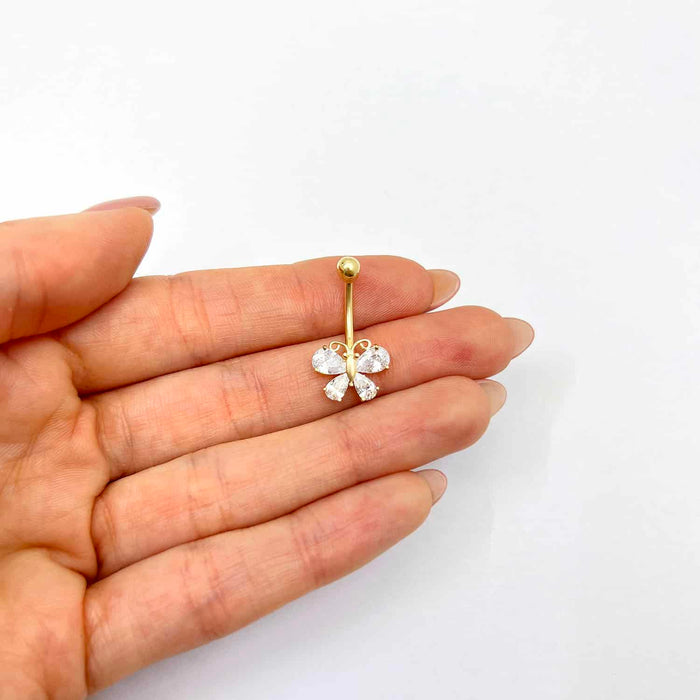 14K Yellow Gold CZ Butterfly Belly Button Ring - WJD Exclusives