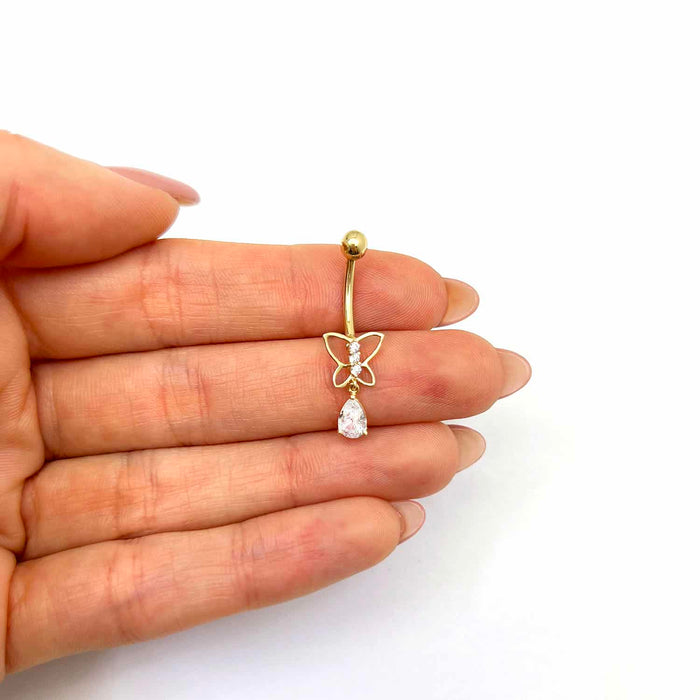 Real 14K Gold CZ Open Butterfly Belly Button Ring - WJD Exclusives