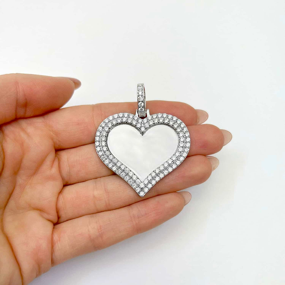 14K White Gold Over Silver Picture Memory Frame Heart Medallion Pendant 1.8 - 2.2" - WJD Exclusives