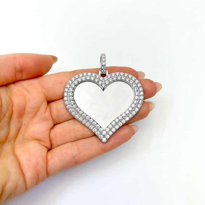 14K White Gold Over Silver Picture Memory Frame Heart Medallion Pendant 1.8 - 2.2" - WJD Exclusives