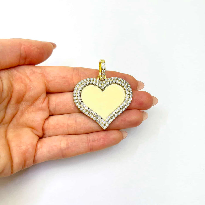 14K Gold Over Silver Picture Memory Frame Heart Medallion Pendant 1.8 - 2.2" - WJD Exclusives