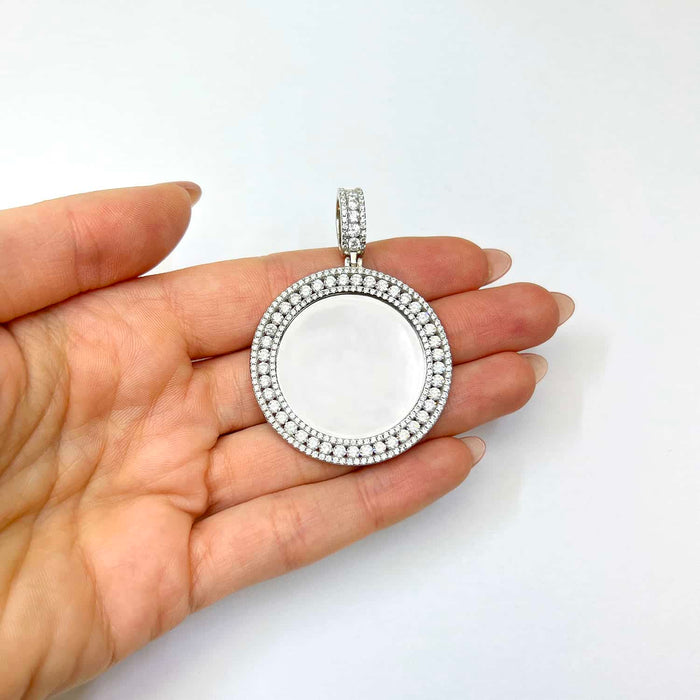 18K Gold Over Silver CZ Frame Round Picture Memory Medallion Pendant 2.1" - WJD Exclusives