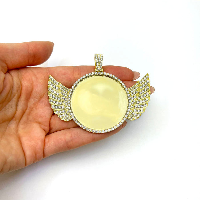 18k Yellow Gold Over Silver CZ Angel Wings Picture Memory Pendant - WJD Exclusives
