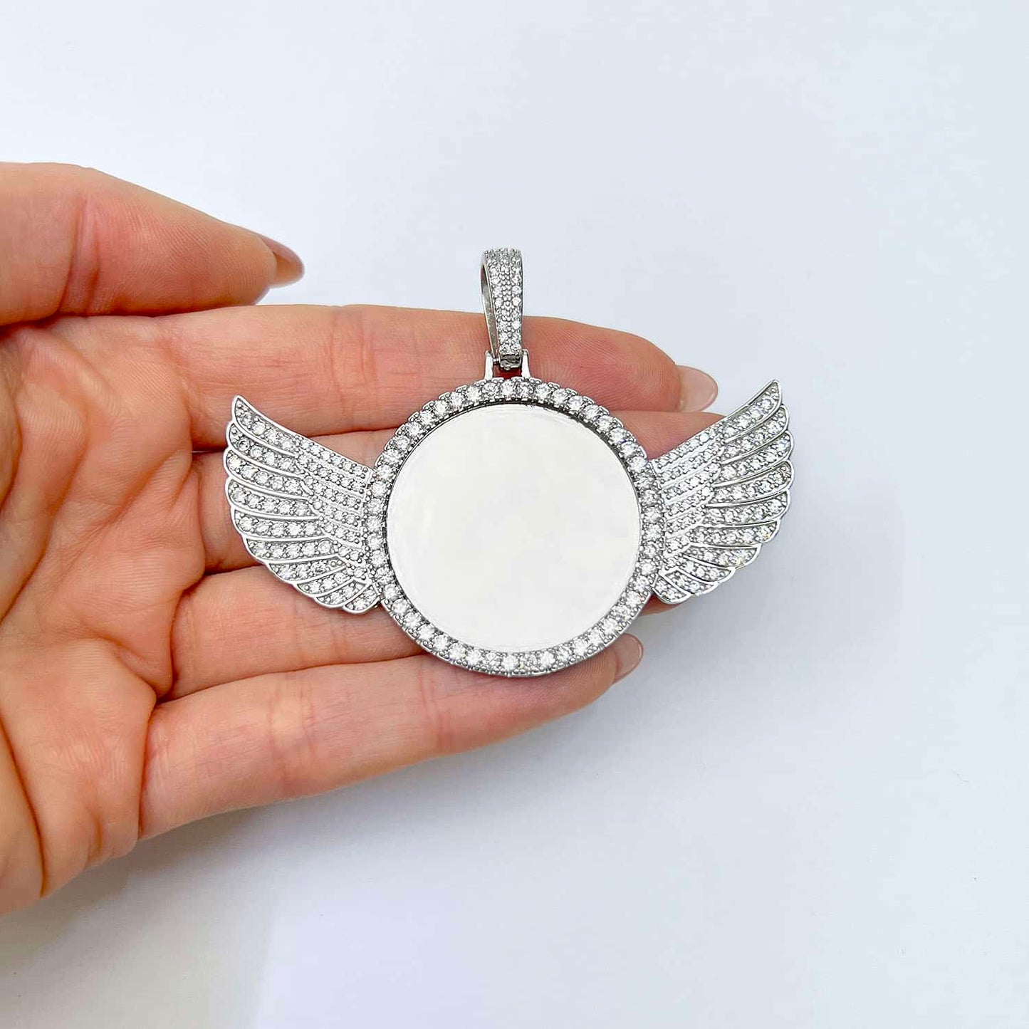White Gold Over Silver CZ Angel Wing Picture Frame Memory Pendant