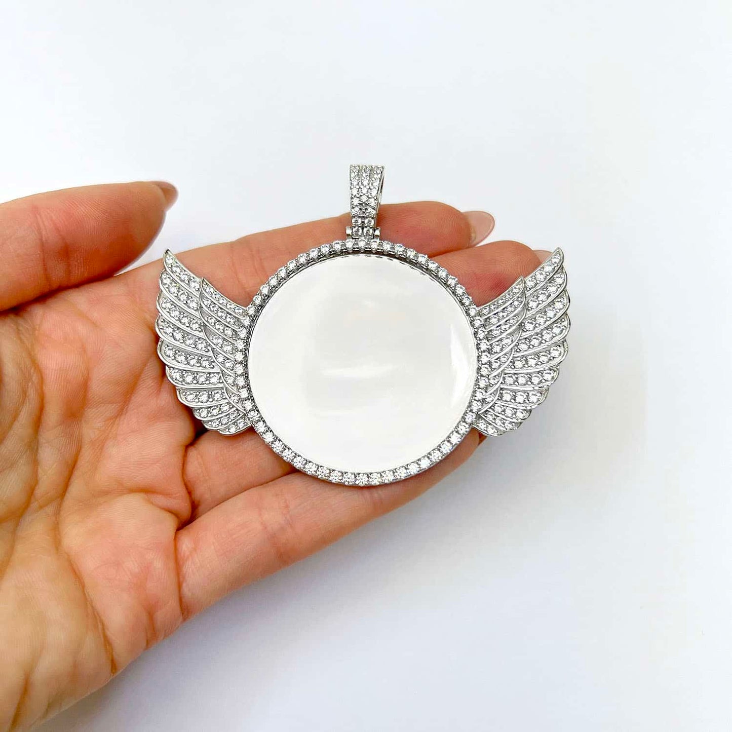 White Gold Over Silver CZ Angel Wing Picture Frame Memory Pendant
