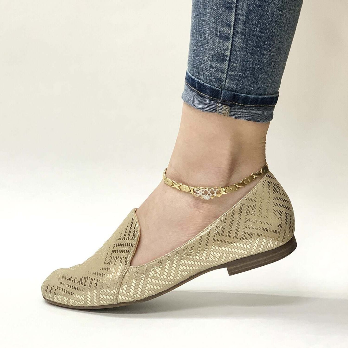 10K Yellow Gold Diamond-Cut Stampato "SEXY" XO Anklet Bracelet 10"