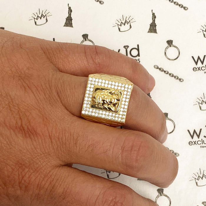 10K Yellow Gold CZ Pave Jesus Head Signet Ring