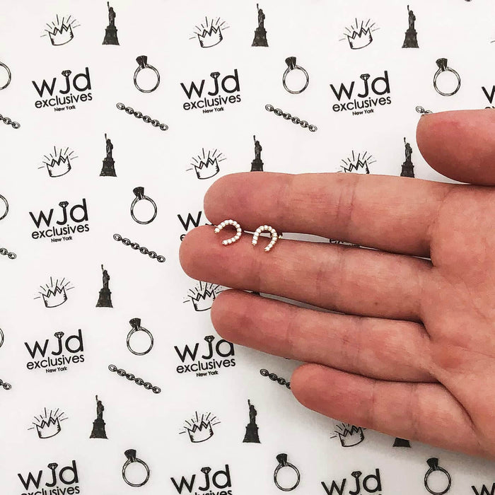 14K Yellow White Gold CZ Tiny Lucky Horseshoe Stud Earrings