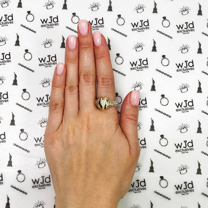 14K Yellow Gold CZ And Emerald Black Enamel 3D Tiger Ring Band