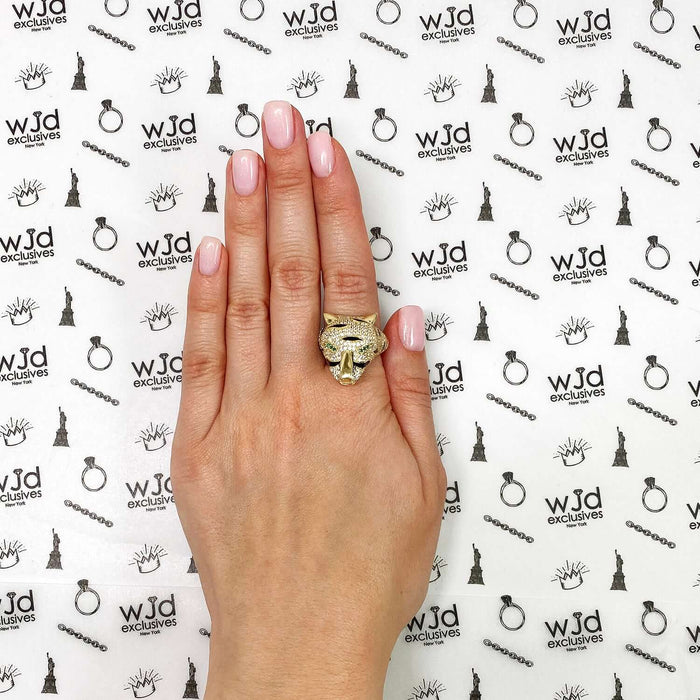 14K Yellow Gold CZ Pave Emerald Eye 3D Tiger Head Ring