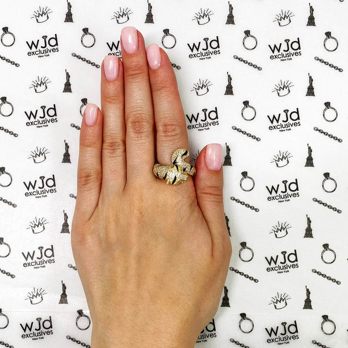 14K Yellow Gold CZ Pave Emerald Eye Black Enamel 3D Tiger Ring