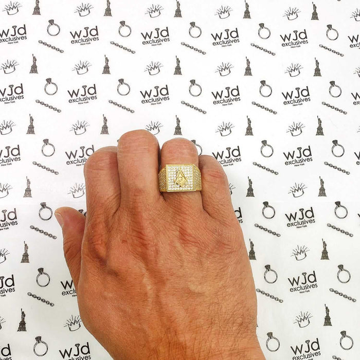 10K Yellow Gold CZ Pave Masonic Signet Ring