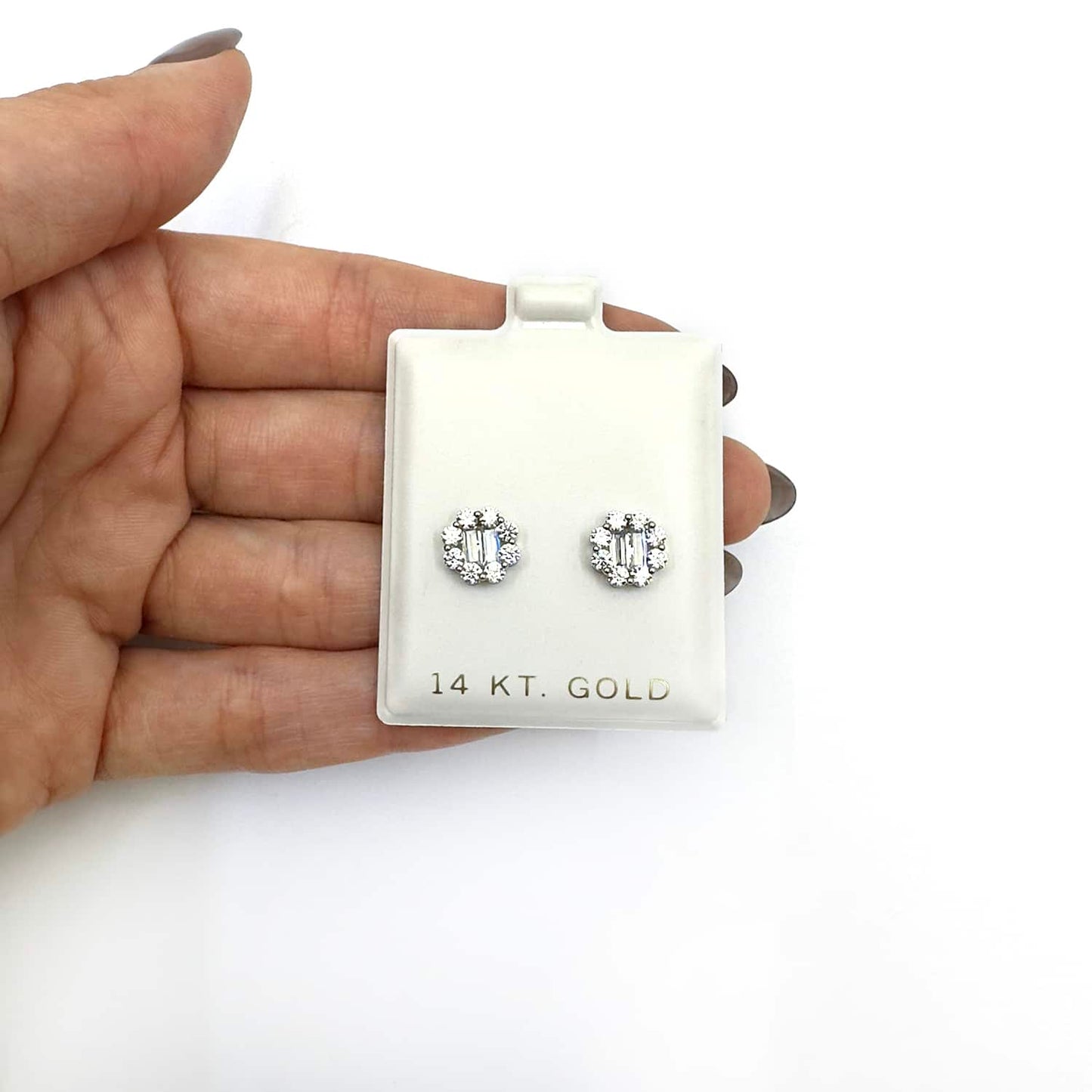 1Ct Round Baguette CZ 14K Yellow White Gold Halo Stud Earrings