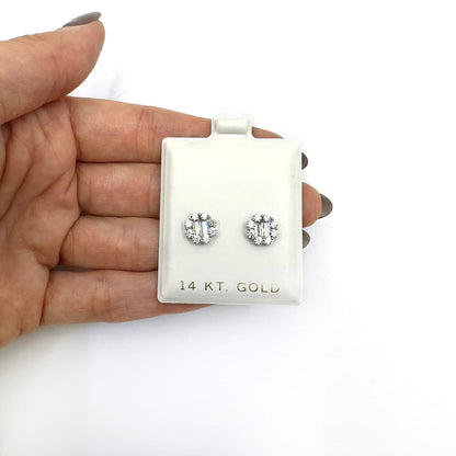 1Ct Round Baguette CZ 14K Yellow White Gold Halo Stud Earrings