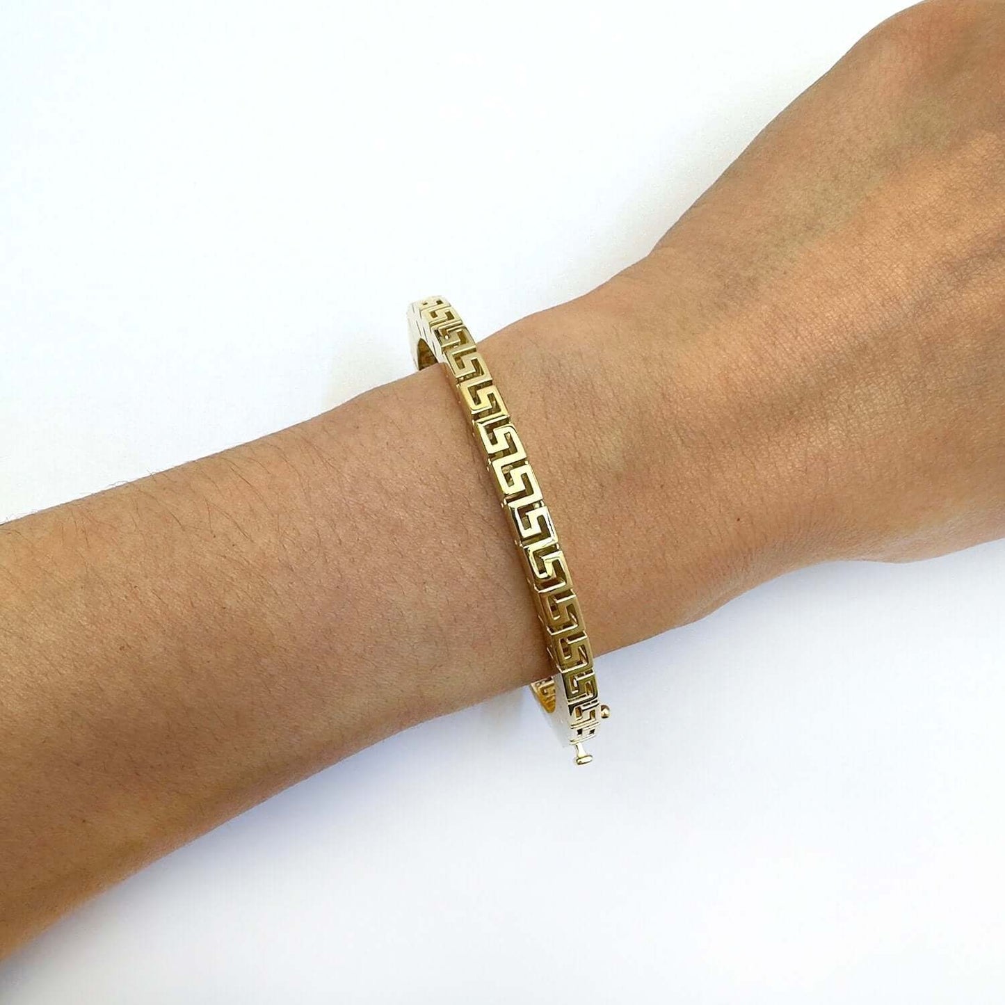 14K Gold Yellow 5mm Greek Key Ornament Bangle Bracelet 7"