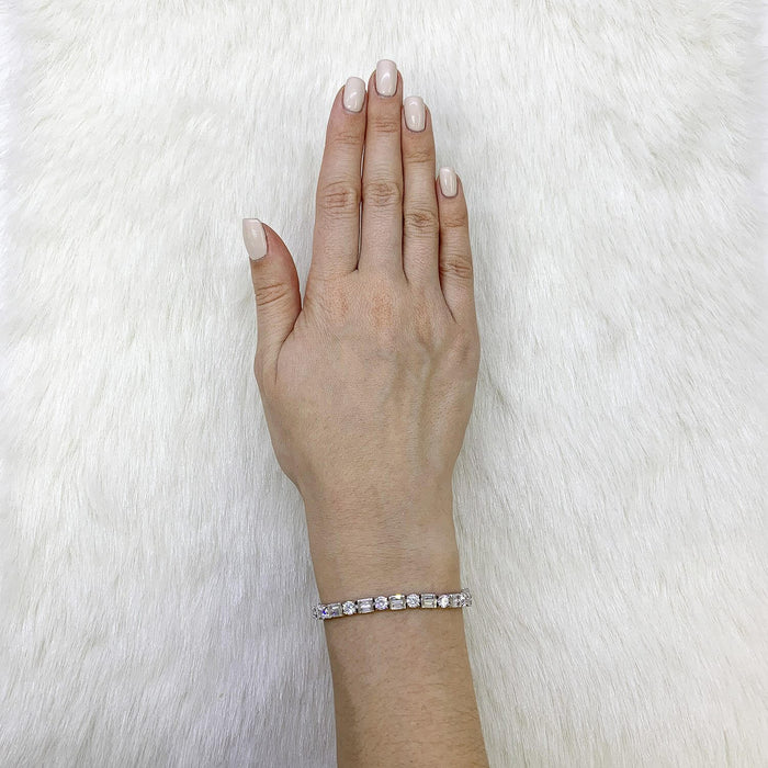 10.25CT CZ White Gold Over Sterling Silver Round Baguette Tennis Bracelet 7"-8"
