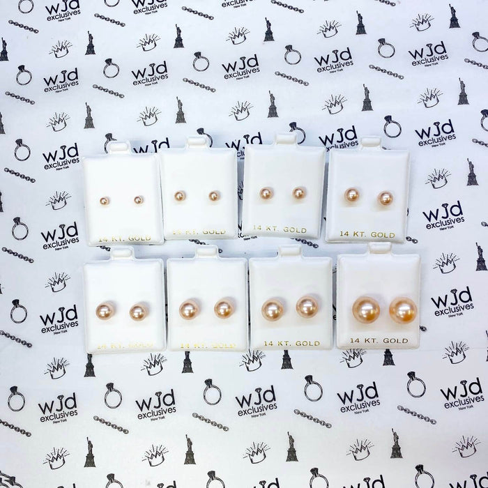 14K Yellow Gold 4mm-12mm Champagne Crystal Pearl Ball Stud Earrings