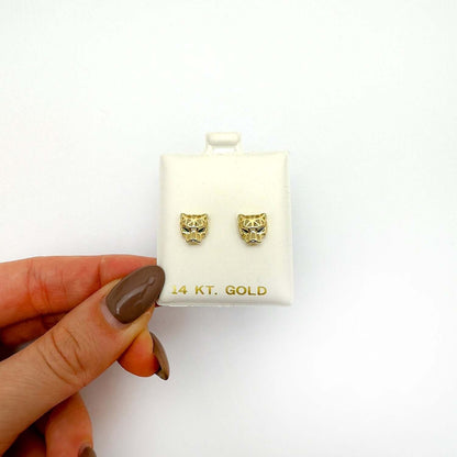 14K Real Gold Green Eyes Geometric Panther Stud Earrings 9mm