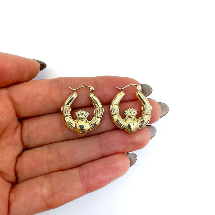 14k Yellow Gold Claddagh Puff Hoop Earrings 0.9"