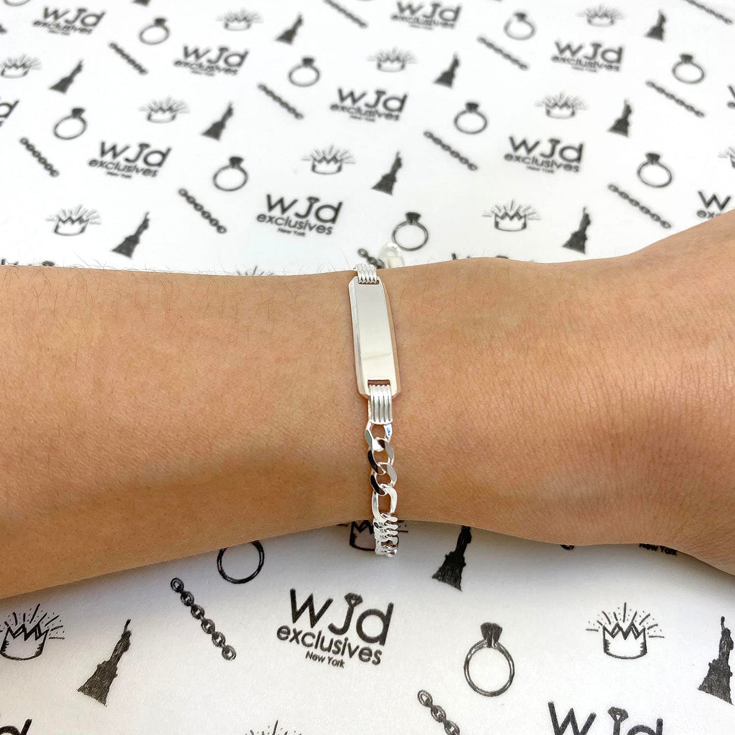 Solid 14K Yellow White Gold Over Silver Figaro Personalized ID Bar Bracelet 7"