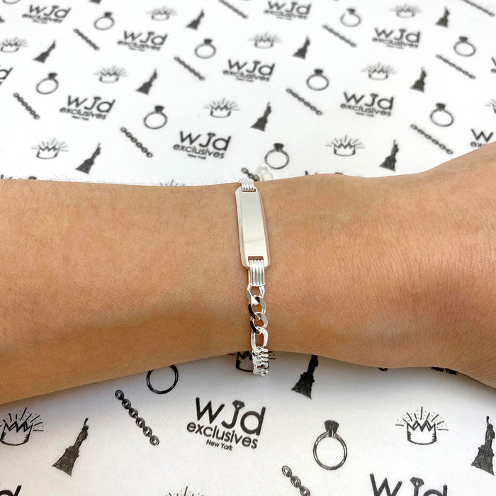 14K Yellow/White Gold Over Silver Figaro Personalized ID Bar Bracelet (Solid Links) 7"