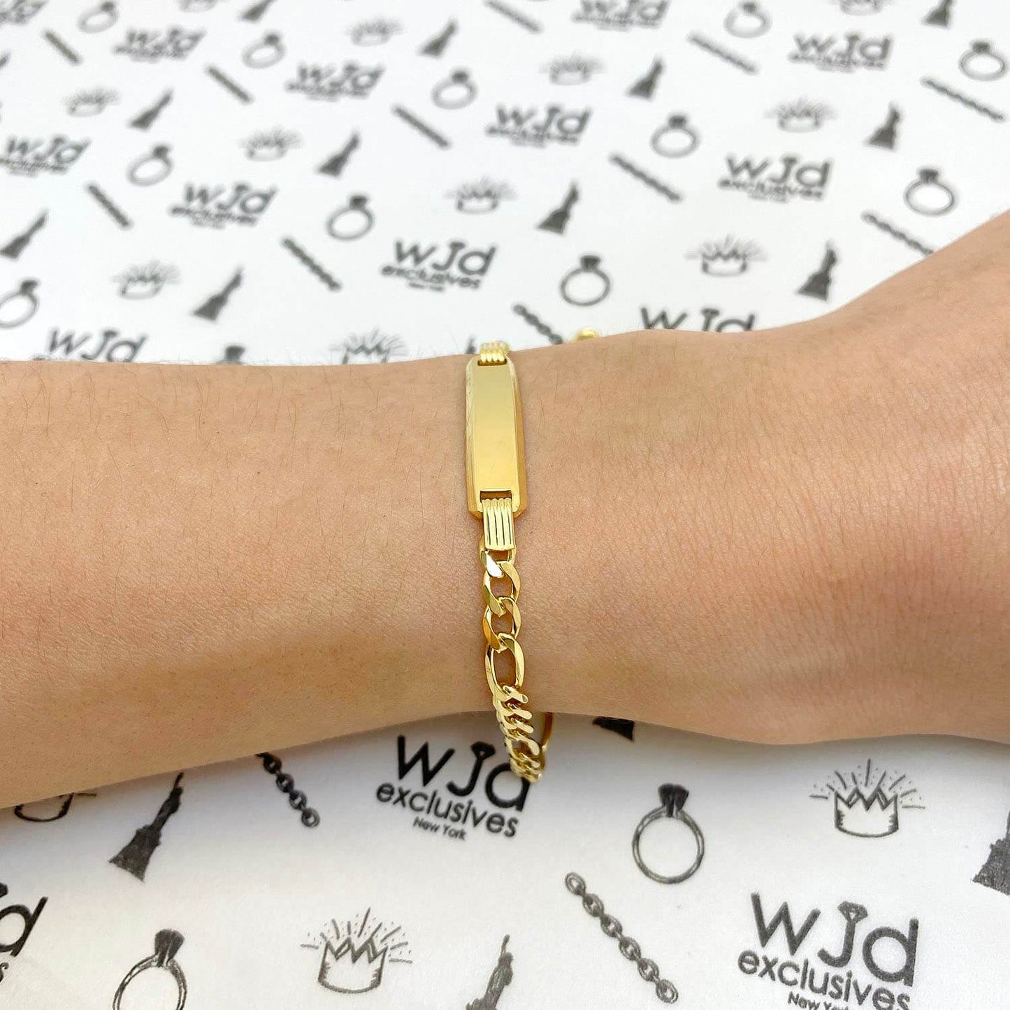 Solid 14K Yellow White Gold Over Silver Figaro Personalized ID Bar Bracelet 7"