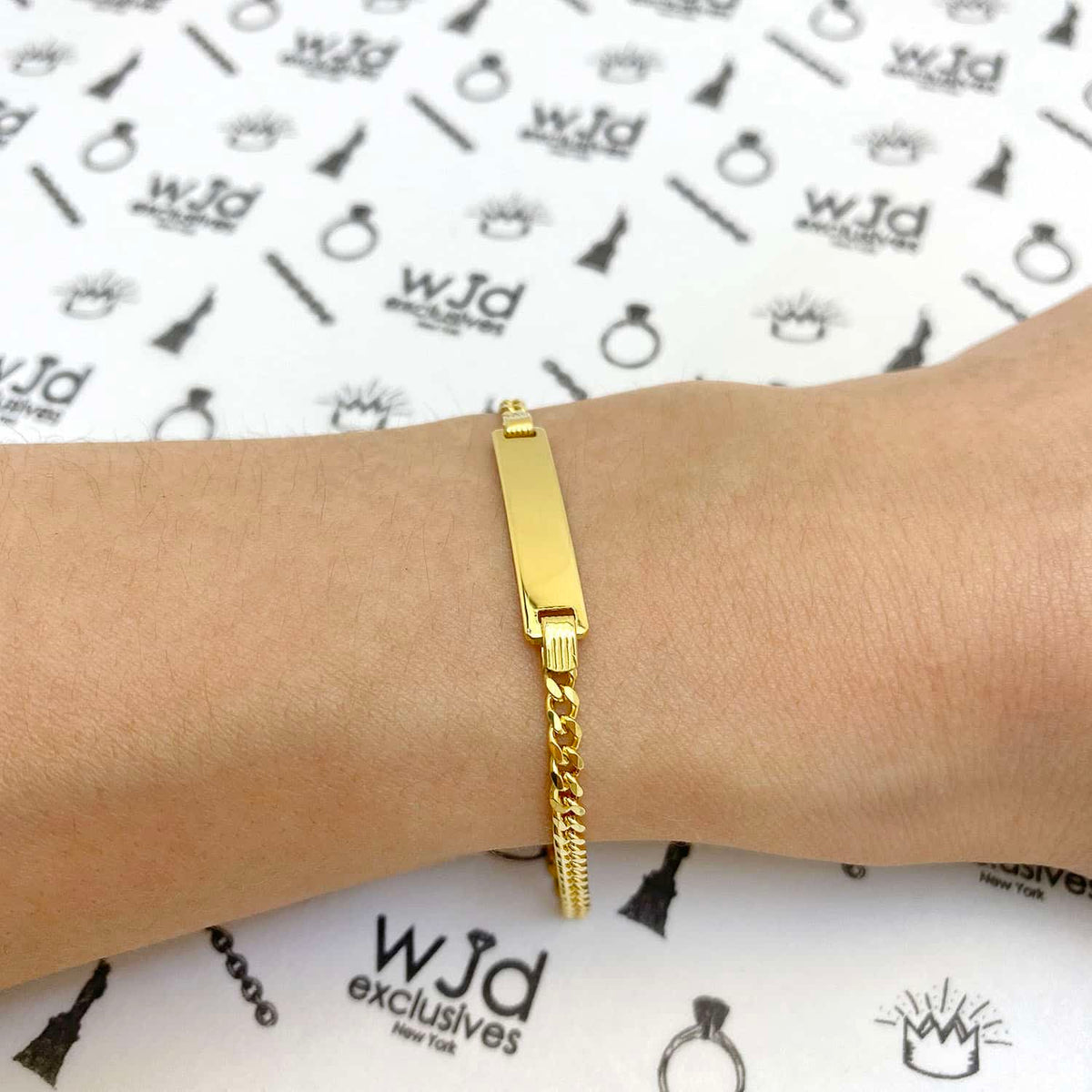 Kids 14K Gold Over Silver 2.7mm Miami Personalized ID Bar Bracelet (Solid Links) 6"