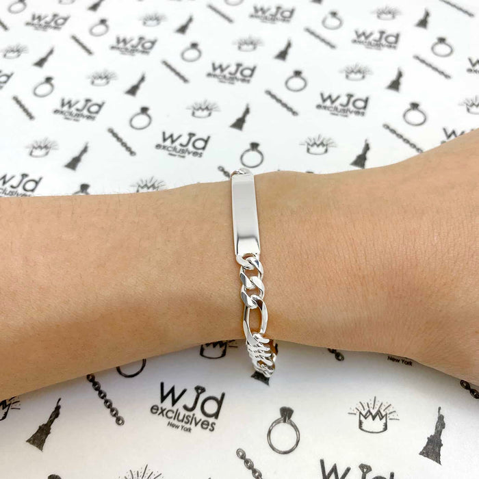 Sterling Silver 5.5mm Figaro ID Bar Bracelet (Solid Links) 7"-8"