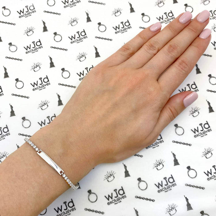 14K White Gold Over Sterling Silver ID Bar CZ Tennis Bracelet 6"-8" Adjustable