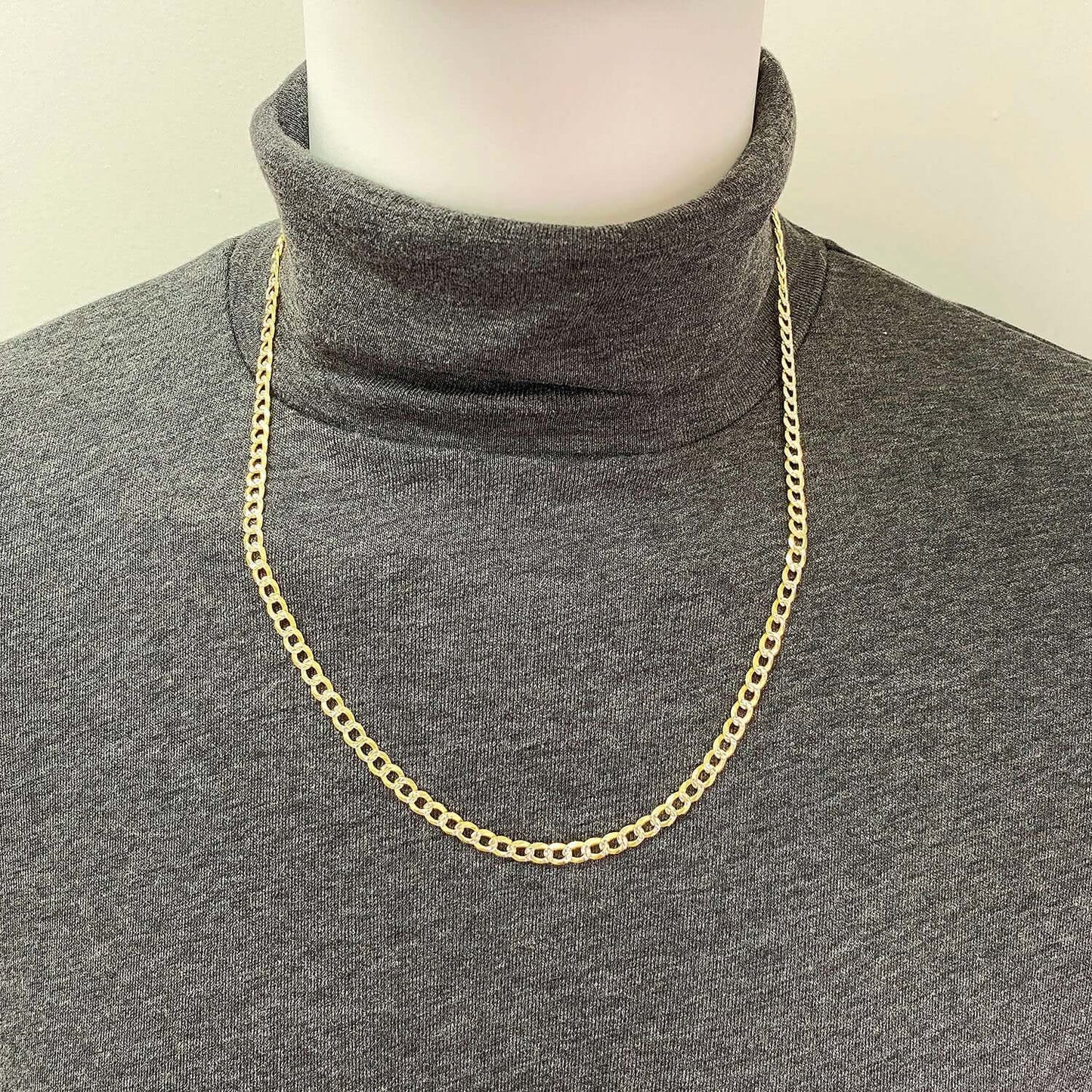 Solid 18K Gold Over Silver 5mm Diamond-Cut Pave Cuban Curb Chain 18"-24"
