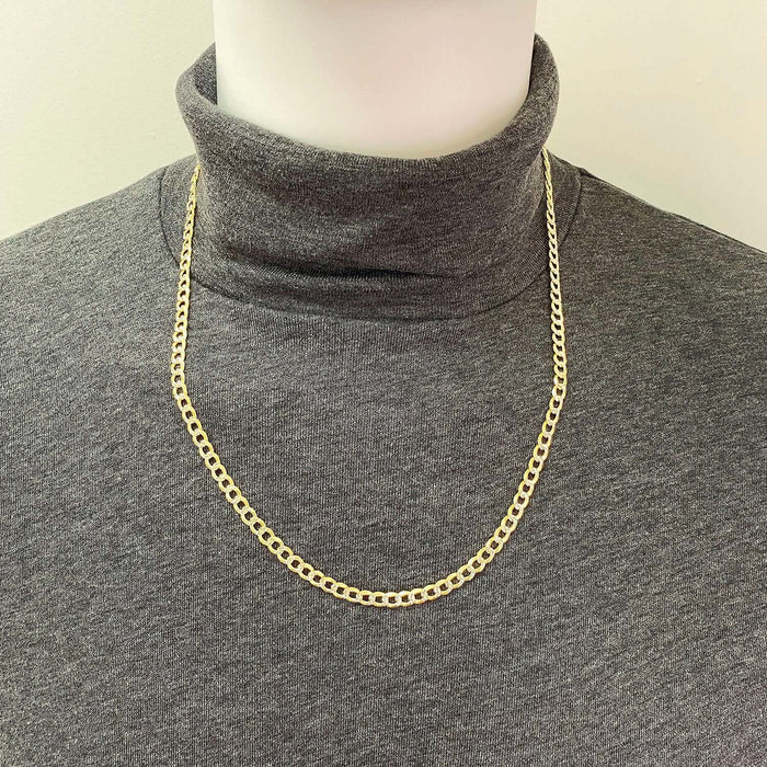 18K Gold Over Silver 5mm Diamond-Cut Pave Cuban Curb Chain (Solid Links) 18"-24"