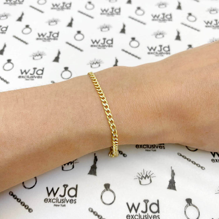 18K Gold Over Silver 2.7mm Diamond-Cut Pave Cuban Bracelet (Solid Links) 7"-9"