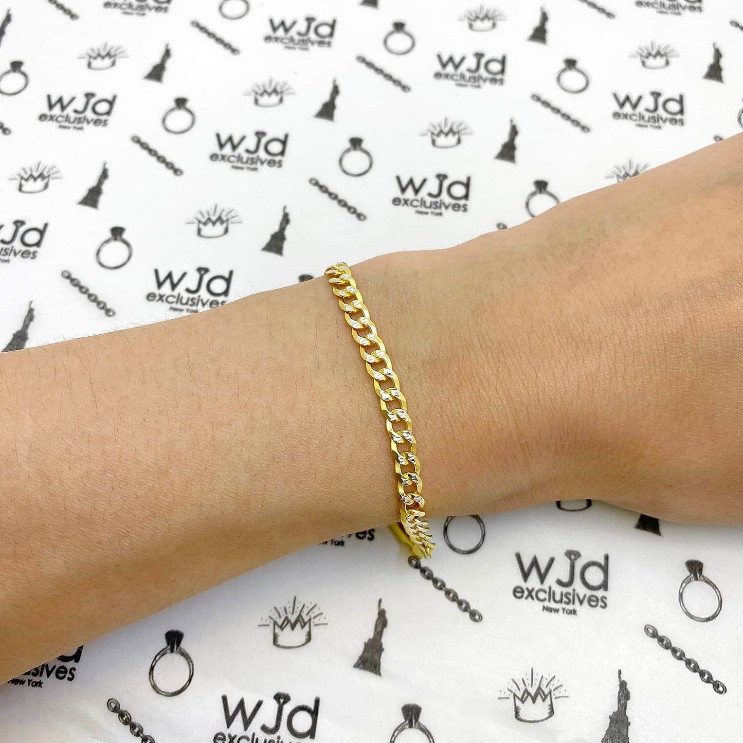 Solid 18K Gold Over Silver Diamond-Cut Pave 4mm Cuban Curb Bracelet 8"-9"