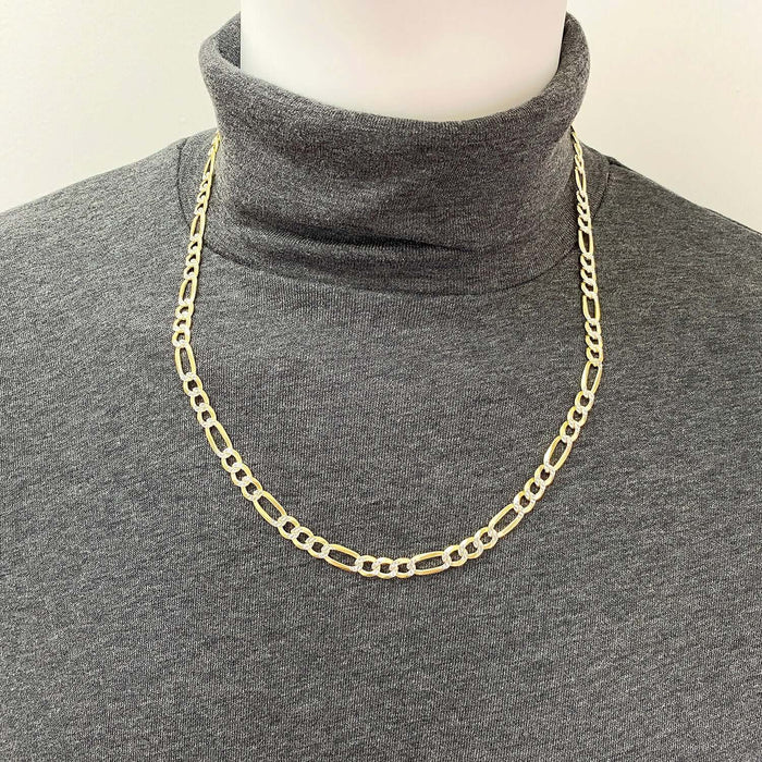 18K Gold Over Silver 7mm Diamond-Cut Figaro Chain (Solid Links) 20"-26"