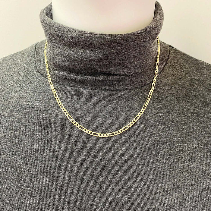 18K Gold Over Silver 3.5mm Diamond-Cut Pave Figaro Chain (Solid Links) 16"-30"