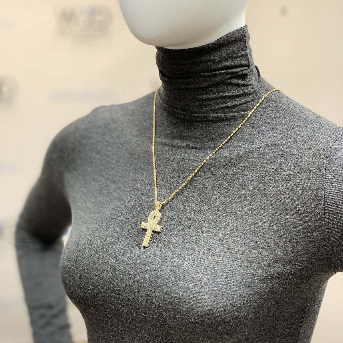 2.30Ct CZ Egyptian Ankh Cross Pendant 14K Yellow Gold