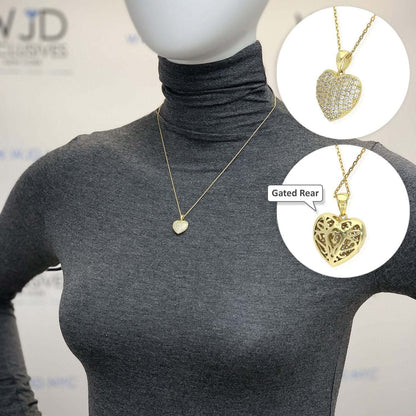1Ct CZ Puffed Heart Pendant Necklace 18" Yellow Gold Tone Silver