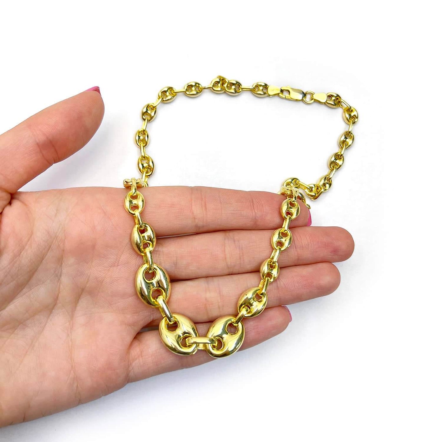 18K Yellow Gold Over Silver Puffed Anchor Mariner Graduated Necklace 17"