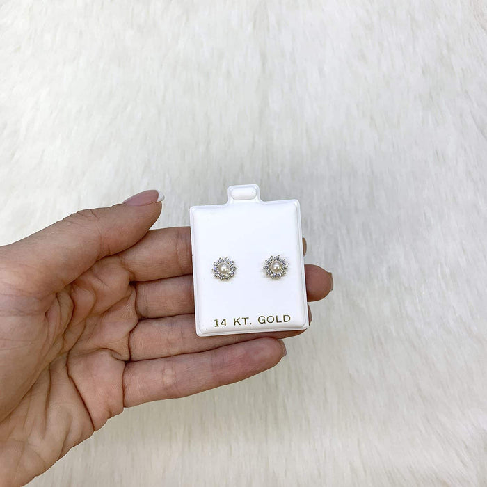 14k Yellow Gold CZ Freshwater Pearl Halo Flower Stud Earrings 8mm