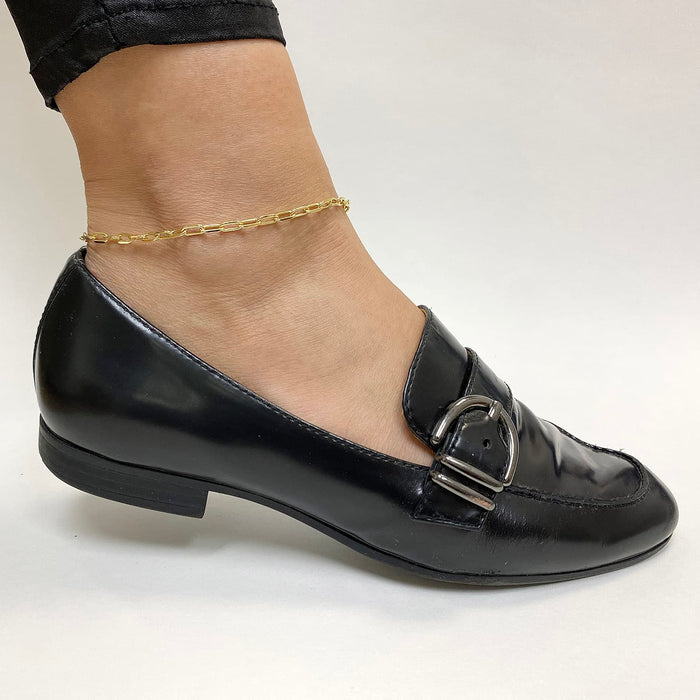 10K Yellow Gold Elongated Paperclip 3mm-4mm Anklet (Solid Links) 10"