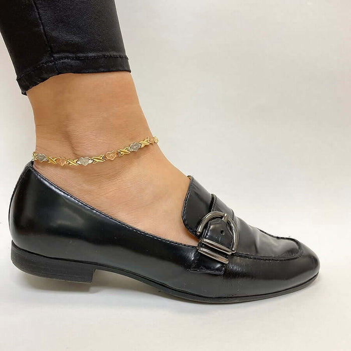 14K Tri-Color Gold Diamond-Cut Stampato Heart and Kisses Anklet (Hollow) 10.5"