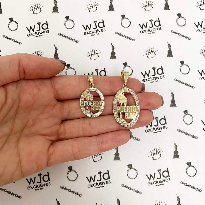 10K Gold CZ Puerto Rico Palm Tree Oval Shape Disc Pendant